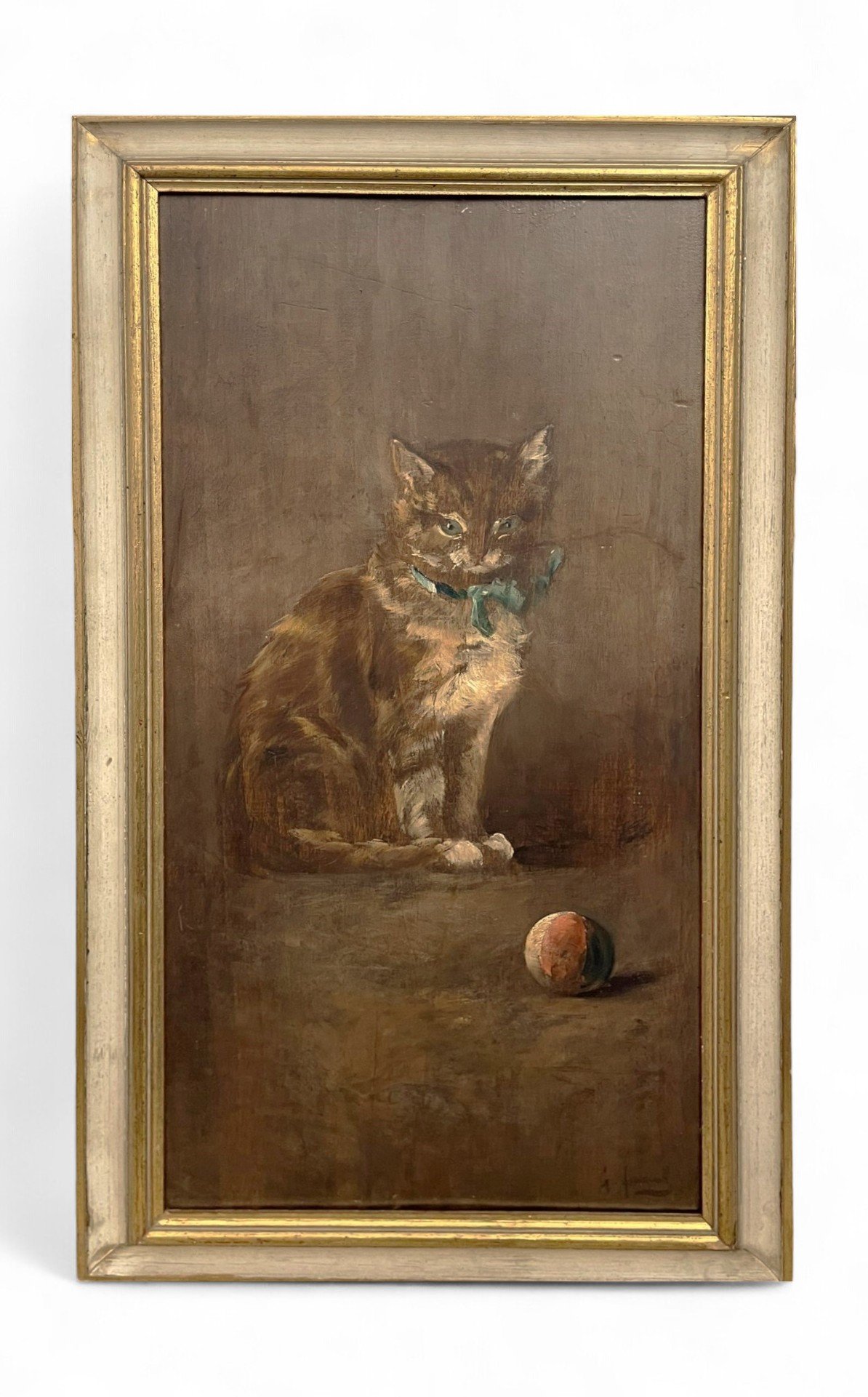 Playing Cat with Ball, Original Oil on Wood, Vintage painting